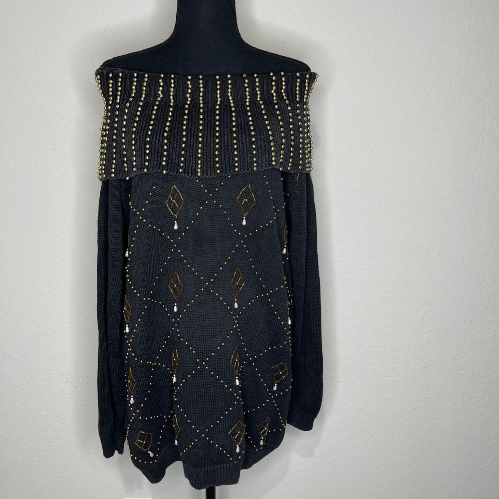 Lindsey Blake‎ Elegant Black Sweater with Gold Jeweled Studded Pattern, Size L
